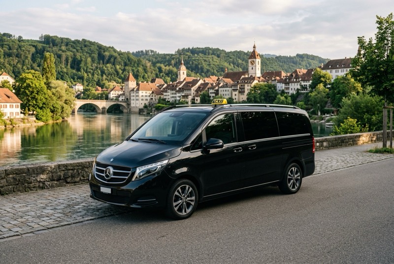 Schwarzes Taxi an einem Flussufer vor einer Altstadt