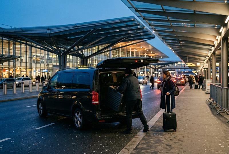 Fahrer lädt am Flughafen-Terminal einen Koffer aus dem Taxi