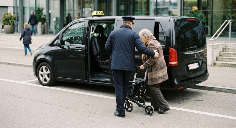 Fahrer hilft einer älteren Frau mit Rollator beim Einsteigen in das Taxi