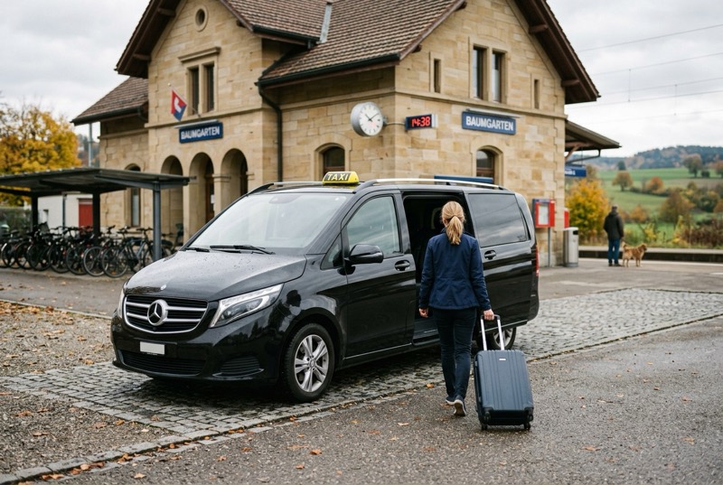 Schwarzes Taxi vor einem Bahnhof, Fahrgast mit Rollkoffer steigt ein