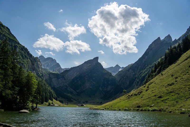 Seealpsee im Alpstein zwischen steilen Felswänden und grünen Hängen